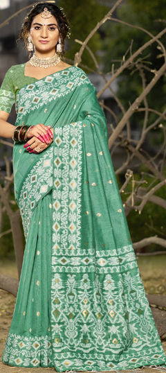 Green color Saree in Linen fabric with Printed work