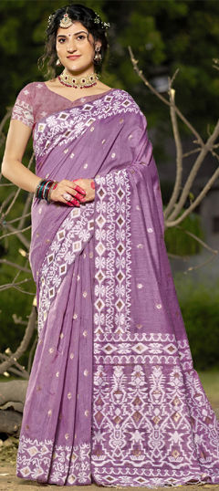 Purple and Violet color Saree in Linen fabric with Printed work