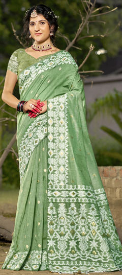 Green color Saree in Linen fabric with Printed work