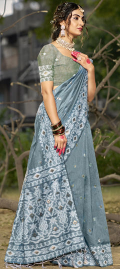 Black and Grey color Saree in Linen fabric with Printed work