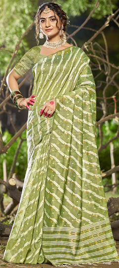 Green color Saree in Linen fabric with Printed work