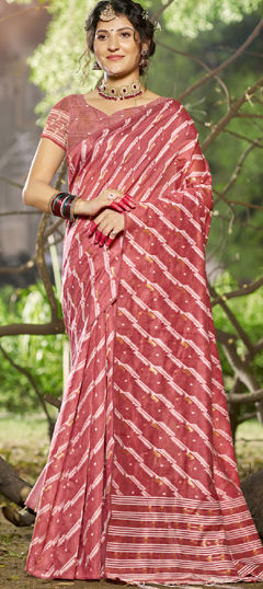 Red and Maroon color Saree in Linen fabric with Printed work