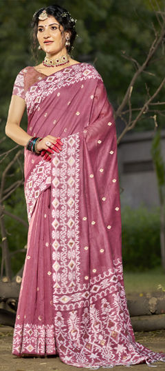 Pink and Majenta color Saree in Linen fabric with Printed work