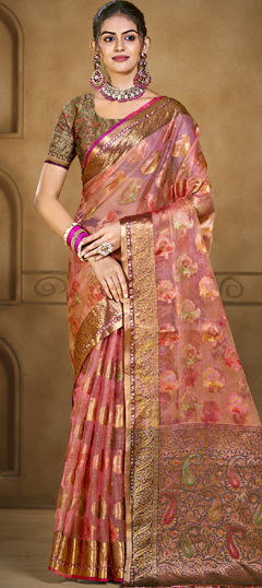 Pink and Majenta color Saree in Organza Silk fabric with Weaving, Zari work