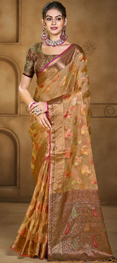 Beige and Brown color Saree in Organza Silk fabric with Weaving, Zari work