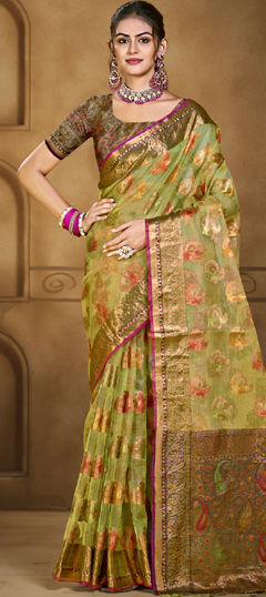 Green color Saree in Organza Silk fabric with Weaving, Zari work