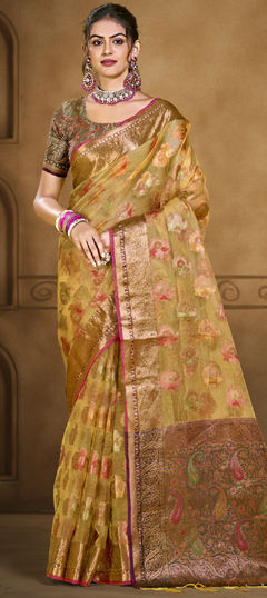 Yellow color Saree in Organza Silk fabric with Weaving, Zari work