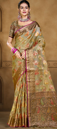 Green color Saree in Organza Silk fabric with Weaving, Zari work