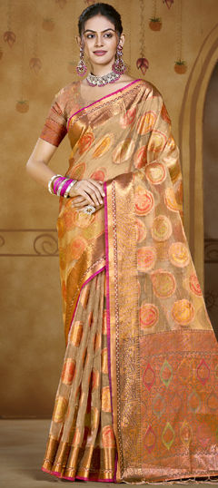 Beige and Brown color Saree in Organza Silk fabric with Weaving, Zari work