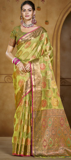 Green color Saree in Organza Silk fabric with Weaving, Zari work