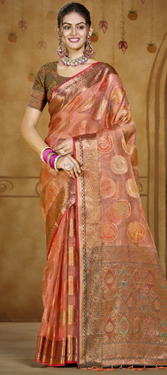 Pink and Majenta color Saree in Organza Silk fabric with Weaving, Zari work