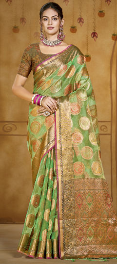 Green color Saree in Organza Silk fabric with Weaving, Zari work