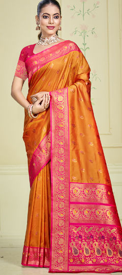 Orange color Saree in Art Silk fabric with Weaving, Zari work