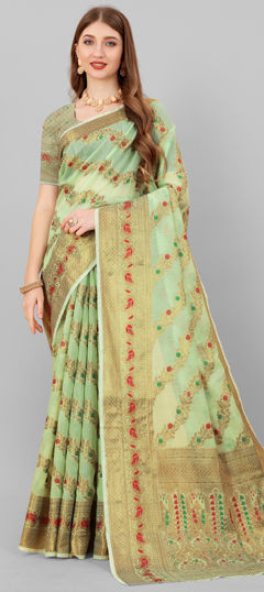 Green color Saree in Silk cotton fabric with Weaving work