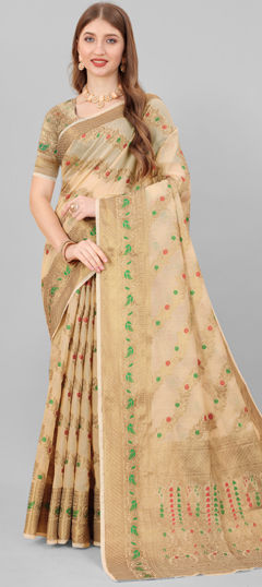 Beige and Brown color Saree in Silk cotton fabric with Weaving work