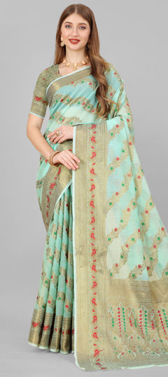 Blue color Saree in Silk cotton fabric with Weaving work