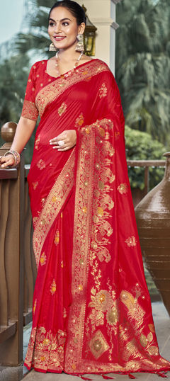 Red and Maroon color Saree in Art Silk fabric with Stone, Weaving, Zari work
