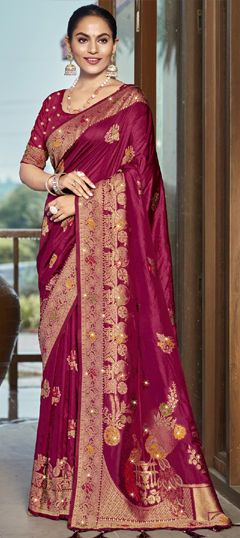 Pink and Majenta color Saree in Art Silk fabric with Stone, Weaving, Zari work