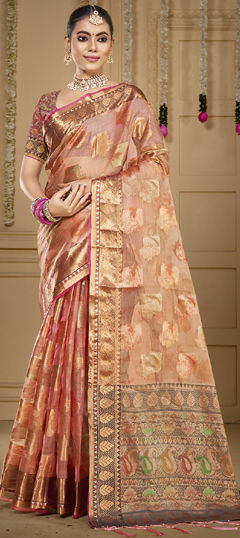 Pink and Majenta color Saree in Organza Silk fabric with Weaving, Zari work