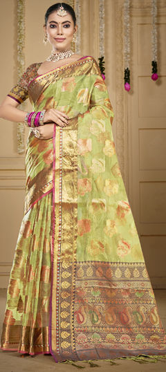 Green color Saree in Organza Silk fabric with Weaving, Zari work