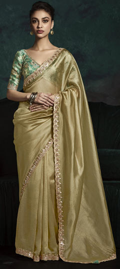 Gold color Saree in Tissue fabric with Sequence, Thread work