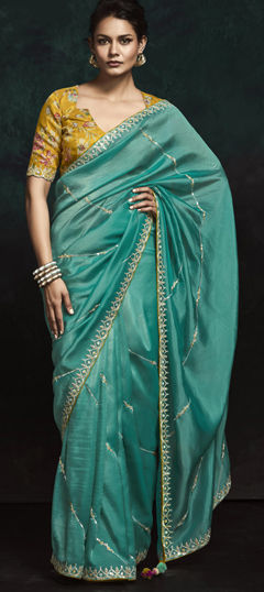 Blue color Saree in Tissue fabric with Sequence, Thread work