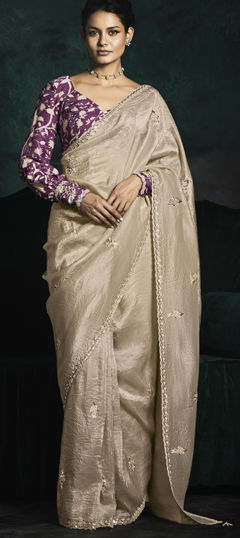 Beige and Brown color Saree in Tissue fabric with Sequence, Thread work