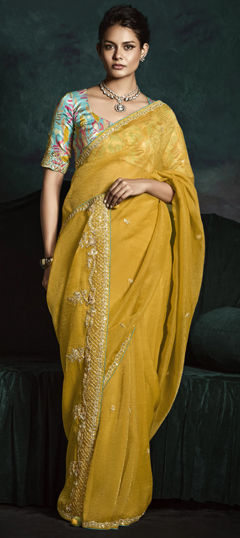 Yellow color Saree in Tissue fabric with Sequence, Thread work