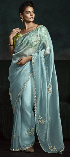 Blue color Saree in Tissue fabric with Sequence, Thread work