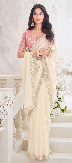 White and Off White color Saree in Chiffon fabric with Border, Embroidered, Sequence, Thread work