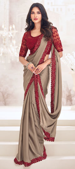 Beige and Brown color Saree in Satin Silk fabric with Border, Embroidered, Sequence, Thread work