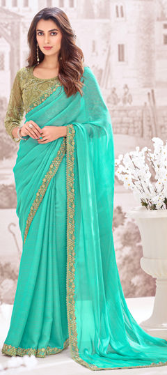 Blue color Saree in Georgette fabric with Border, Embroidered, Sequence, Thread work