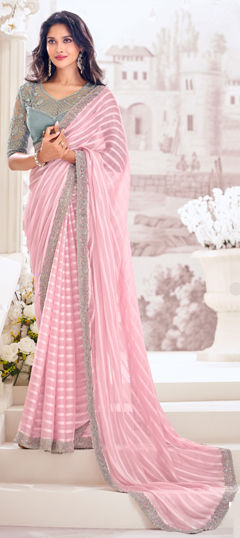 Pink and Majenta color Saree in Georgette fabric with Border, Embroidered, Sequence, Thread work