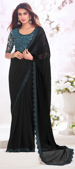 Black and Grey color Saree in Chiffon fabric with Border, Embroidered, Sequence, Thread work