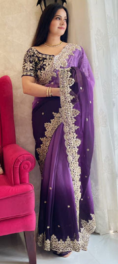 Purple and Violet color Saree in Faux Georgette fabric with Embroidered, Sequence, Zari work