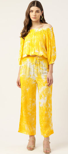 Yellow color Co-ords Set in Rayon fabric with Printed, Tye n Dye work