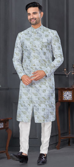 Green, White and Off White color IndoWestern Dress in Silk fabric with Embroidered, Printed, Sequence work