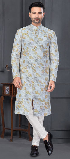 White and Off White, Yellow color IndoWestern Dress in Silk fabric with Embroidered, Printed, Sequence work