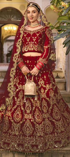 Red and Maroon color Lehenga in Velvet fabric with Mirror, Stone, Thread work