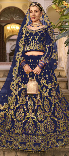 Blue color Lehenga in Velvet fabric with Mirror, Stone work