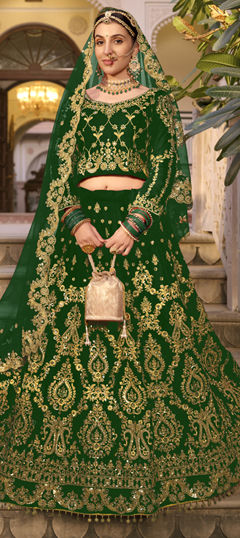 Green color Lehenga in Velvet fabric with Mirror, Stone, Thread work