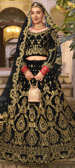 Black and Grey color Lehenga in Velvet fabric with Mirror, Stone, Thread work