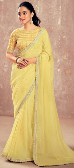 Yellow color Saree in Naylon Silk fabric with Border, Embroidered work