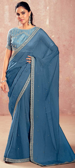 Blue color Saree in Naylon Silk fabric with Border, Embroidered work