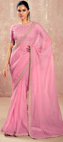 Pink and Majenta color Saree in Naylon Silk fabric with Border, Embroidered work