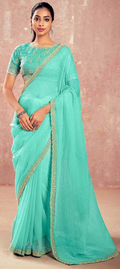 Blue color Saree in Naylon Silk fabric with Border, Embroidered work