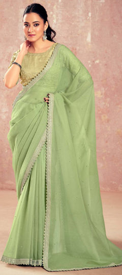 Green color Saree in Naylon Silk fabric with Border, Embroidered work