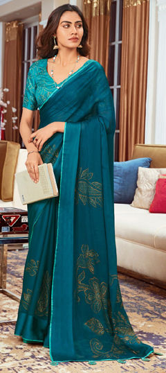 Blue color Saree in Silk fabric with Swarovski work