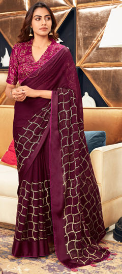 Red and Maroon color Saree in Silk fabric with Swarovski work