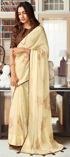 Beige and Brown color Saree in Silk fabric with Swarovski work